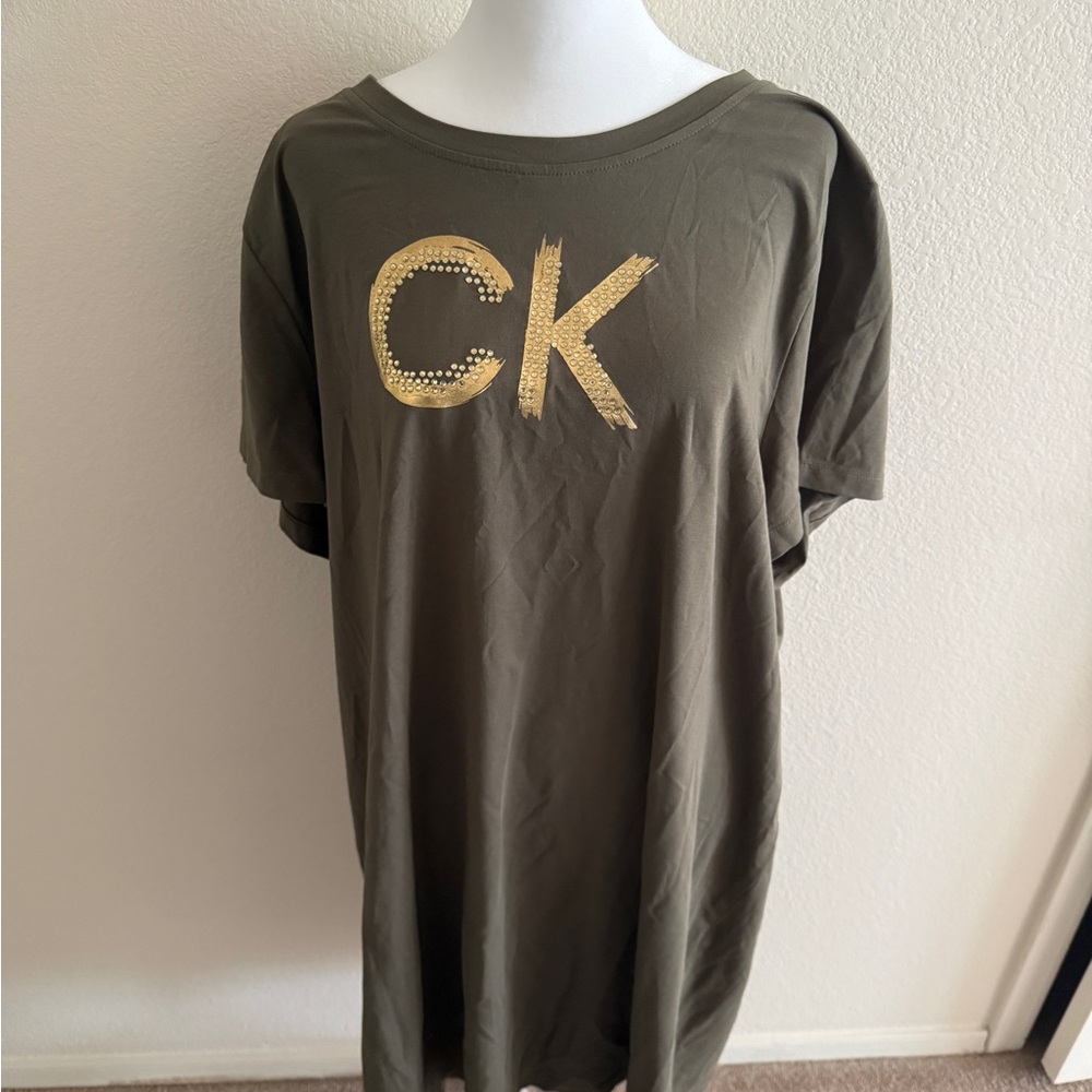 Calvin Klein Olive Green Logo Tee Dress with Gold Accent